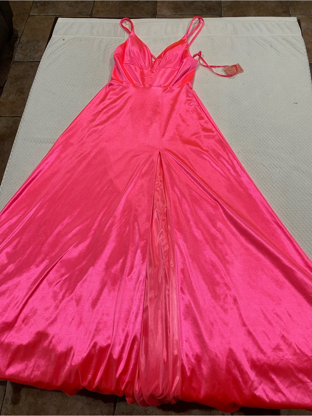 CINDERELLA DIVINE Satin V-Neck Spaghetti Strap Maxi Dress in Hot Pink